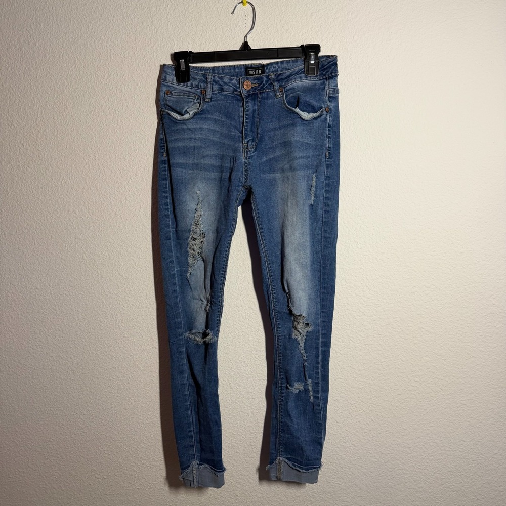 Iris Skinny Jeans Womens 28W Blue Denim Pockets Medium Wash Distressed Raw Hem
